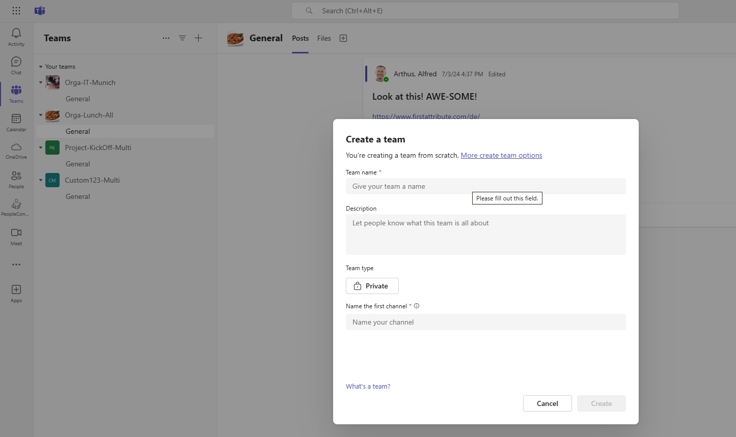 Create a new group via teams