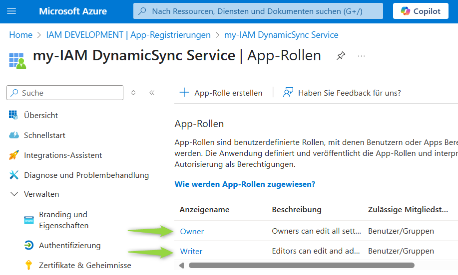 App-Rollen für DynamicSync im Azure Portal anlegen App-Rollen für DynamicSync im Azure Portal anlegen