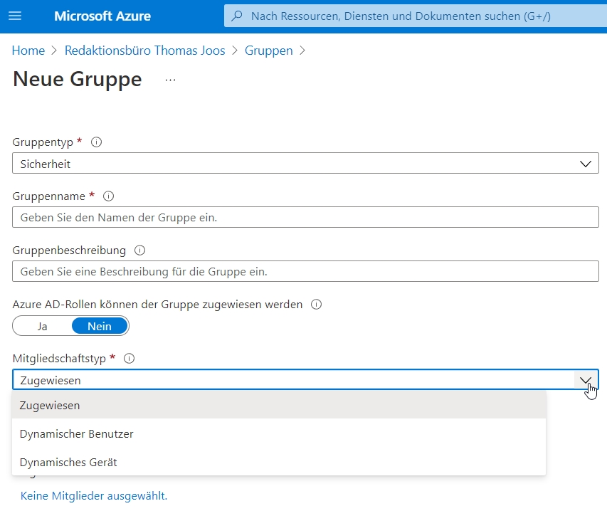 Neue Gruppe erstellen in Microsoft Azure